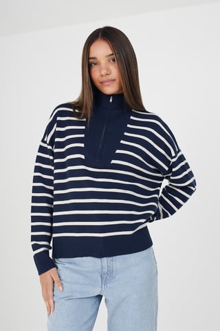 Navy 'Jottie' Striped 1/2 Zip Knitted Jumper