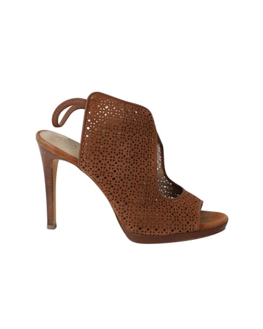 Tory Burch Laser Cut Peep-Toe Sandals in Brown Leather