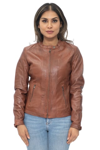 Chaqueta de motociclista de cuero color canela para mujer - Praga
