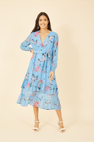 Blue Crane Print Long Sleeve Wrap Midi Dress