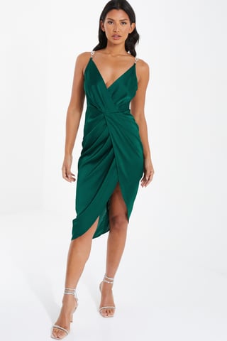 Green Satin Wrap Midi Dress