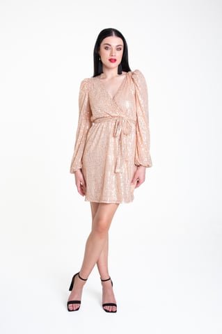 Minivestido con cinturón y cuello en V con lentejuelas
