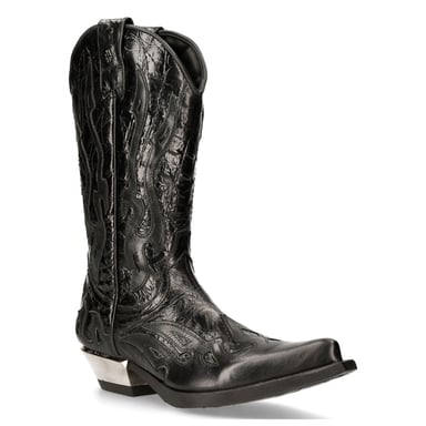 Botas vaqueras de cuero negro con detalles de llamas de New Rock M-7921-S1