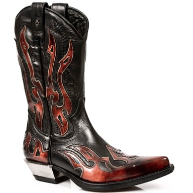 Botas vaqueras de media caña negras y rojas con detalles en llamas de New Rock 7921-S2