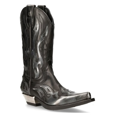 Botas vaqueras de motociclista de cuero negro/plateado con detalles de llamas de New Rock M-7921-S3