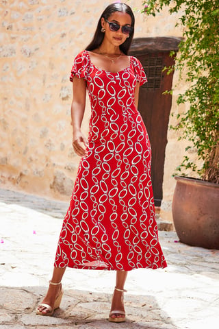 Red Chain Print Angel Sleeve Fit & Flare Midi Dress