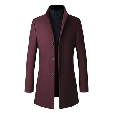 Men's Wool Long Slim Fit Stand-Up Collar Business Coat for Winter Red