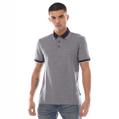 Men's Boss Logo Detail Oxford Cotton Piqué Polo Shirt in Navy