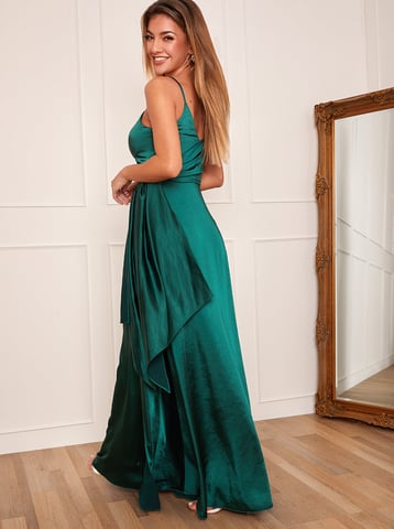 Satin Cami Strap Wrap Maxi Dress in Green
