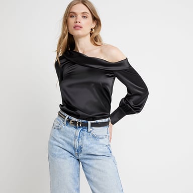 River Island Womens Blouse Black Satin Off Shoulder
