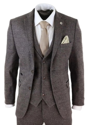 Traje de tweed de espiga marrón de tres piezas para hombre