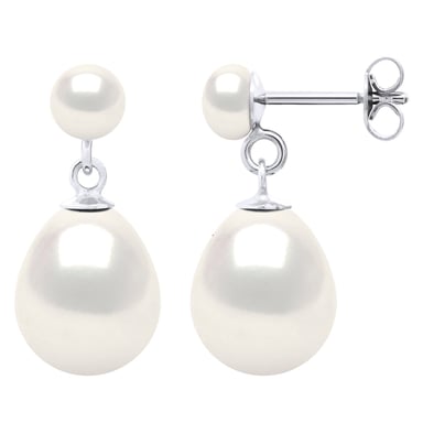Double Earrings White Gold - Real Cultured Freshwater Pearls Button 5-6 mm + Pear 10-11 mm