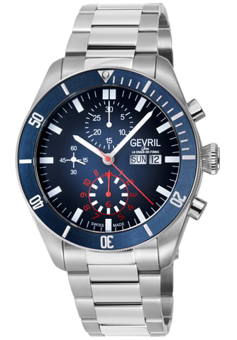 Caja Gevril Yorkville Chronograph 316L SS, esfera azul a negra, pulsera de acero inoxidable 316L.