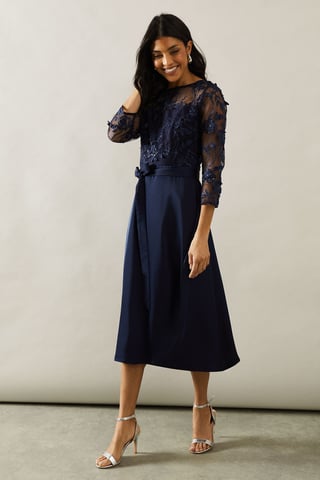 Satin And Mesh Overlay Fit And Flare Dress