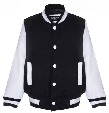 Chaqueta Bomber Universitaria Negra y Blanca para Niños con Mangas de Cuero Real de 3 a 13 años