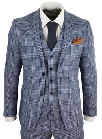 Traje retro vintage de tweed azul y gris de 3 piezas para hombre