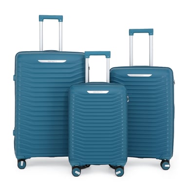 Juego de maletas clásicas de color azul con carcasa rígida y 8 ruedas, maletas de cabina TSA para viajes de vacaciones