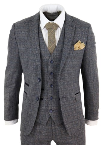 Traje retro vintage de tweed a cuadros azul marino de 3 piezas para hombre
