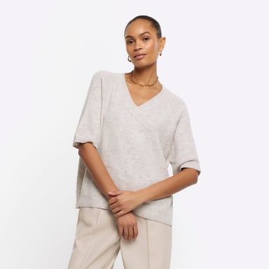 River Island Womens T-Shirt Cream Knit