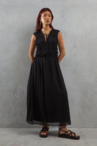 Chiffon Channel Detail Sleeveless Midi Dress