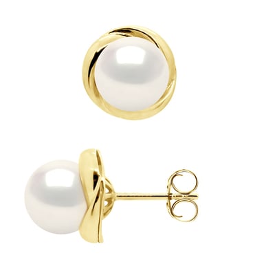 Earrings Yellow Gold - Real Cultured Freshwater Pearls Round 7-8 mm