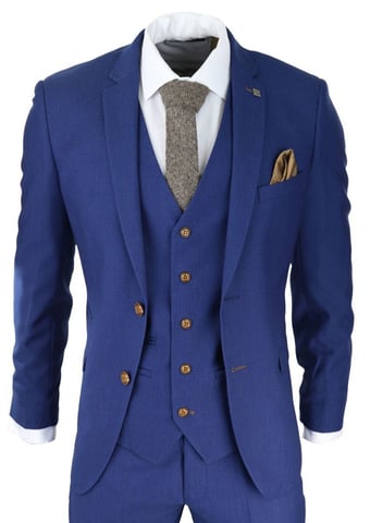 Traje clásico de tres piezas con diseño de ojo de pájaro en azul real para hombre