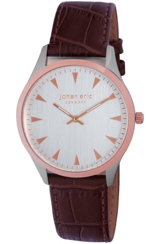 Johan eric: helsingør, reloj para hombre, esfera plateada con marcadores de hora triangulares en tono oro rosa, correa de piel de becerro marrón