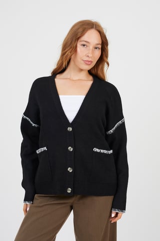 Black Contrast Stitch Button Through V-Neck Cardigan