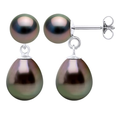 Double Earrings - White Gold - Real Cultured Tahiti Pearls Round 7-8 and Pear 9-10 mm
