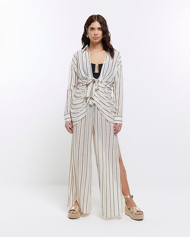 River Island Womens Trousers Beige Sheer Stripe Split Hem