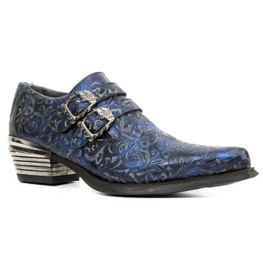 Zapatos con hebilla de cuero con diseño floral azul vintage de New Rock 7960-S7