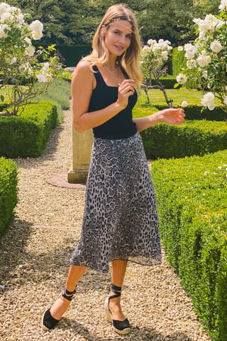 Grey Leopard Print Midi Skirt
