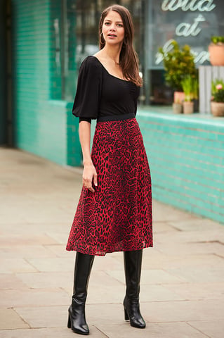 Red Leopard Print Midi Skirt