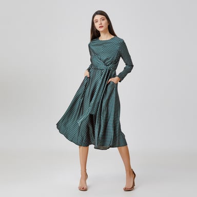 Flared printed satin dress with side knotted panel