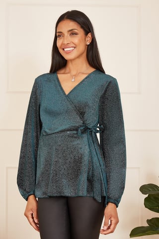 Green Sparkle Velvet Wrap Top With Long Sleeves