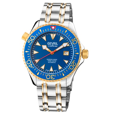Gevril Hudson Yards Reloj suizo automático de 3 manecillas, movimiento Sellita SW200, esfera azul, reloj de dos tonos para hombre