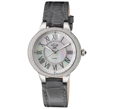GV2 Astor II 9140-L9 Reloj de cuarzo suizo para mujer con esfera MOP y diamantes de cuero gris