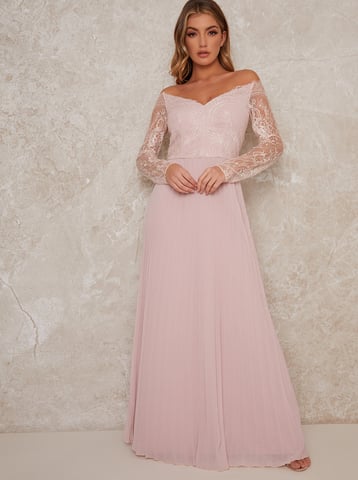 Curve Lace Bridesmaid Maxi Dress With Long Sleeves in Blush