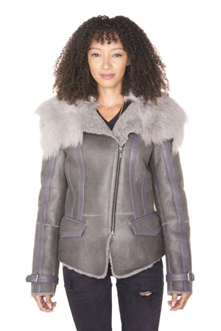 Chaqueta de aviador de piel de oveja Toscana gris para mujer - Teresina