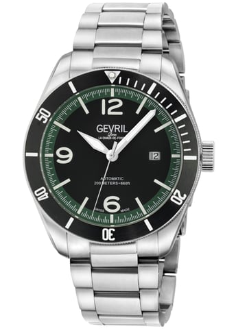 Caja Gevril Yorkville 316L SS, esfera negra, zona verde, pulsera de acero inoxidable 316L.