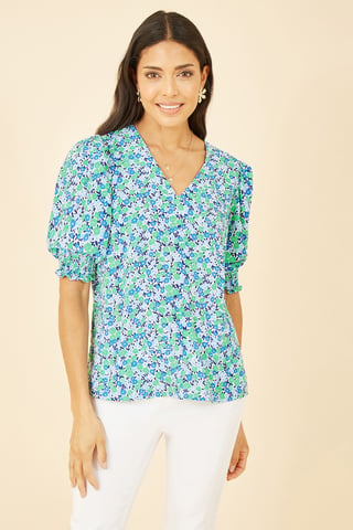 Green Ditsy Print Puff Sleeve Top