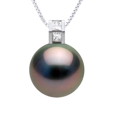 Pendant Jewelry Prestige Diamond 0.04 Cts - Size Princess - Real Cultured Tahiti Pearl Round 11-12 mm
