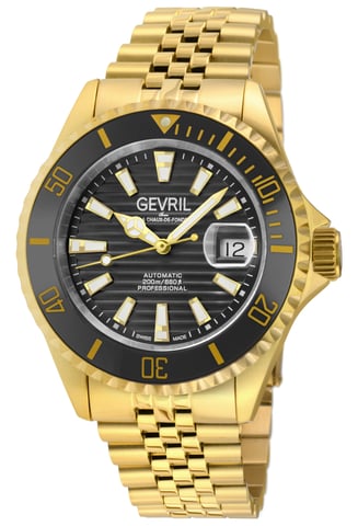Reloj Gevril Chamber para hombre con esfera negra y acero inoxidable dorado