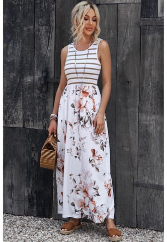 Vestido Maxi Sin Mangas de Print Floral para Mujeres con Bolsillo en Blanco