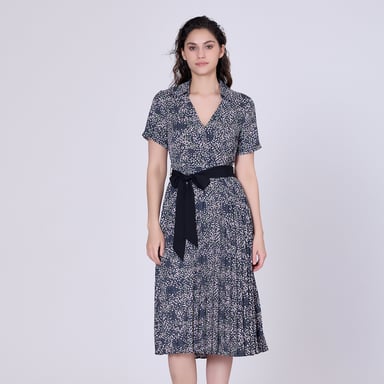 Pleats printed tea dress and added belt