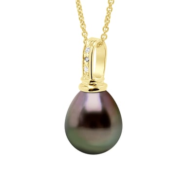 Pendant Prestige Yellow Gold 375 & Diamond 0.03 Cts - Real Cultured Tahiti Pearl Pear 10-11 mm