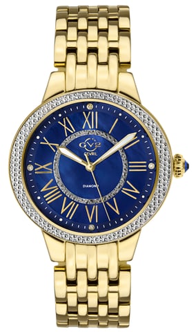 GV2 Astor II Reloj de cuarzo suizo con diamantes y esfera azul MOP para mujer