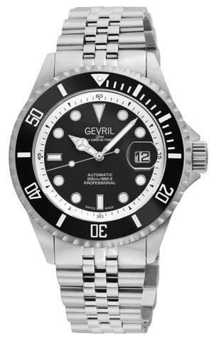 Reloj automático suizo Gevril Wall Street para hombre, caja SS, bisel negro, esfera esmaltada negra, pulsera SS satinada y pulida