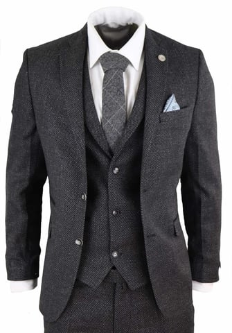 Traje de tweed de espiga negro de tres piezas para hombre