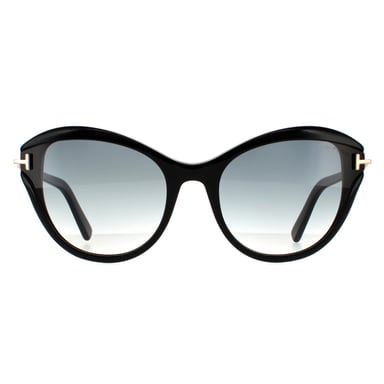 Gafas de sol de mujer Tom Ford Cat Eye en negro brillante con degradado ahumado.